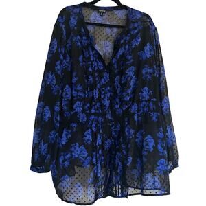 Torrid Clip Dot Floral Blouse V Neck Size 5 Blue Black